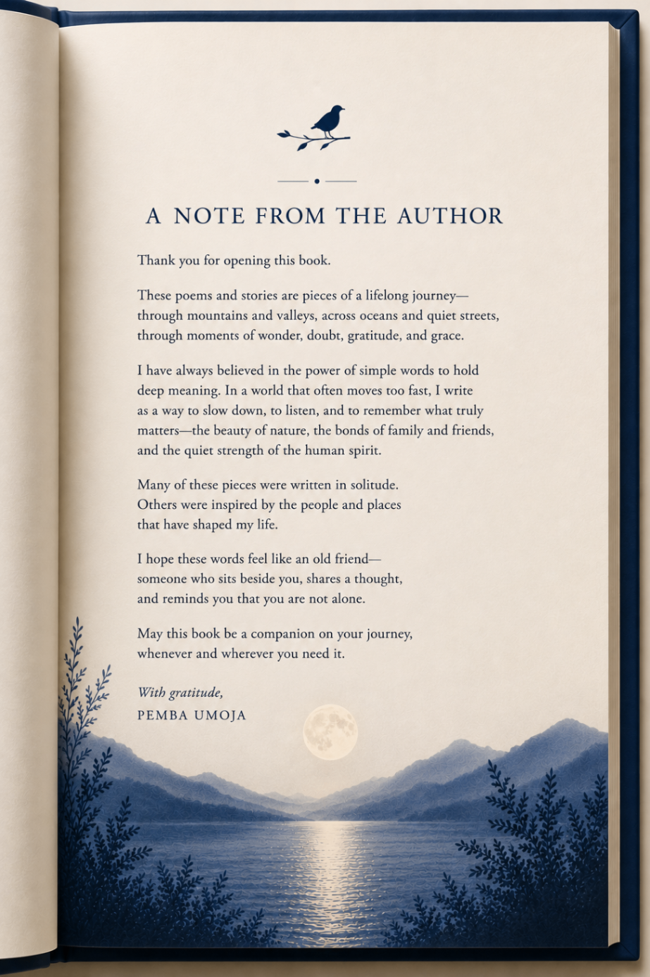 A Note from the Author page from Moonlight Sings by Pemba Umoja.